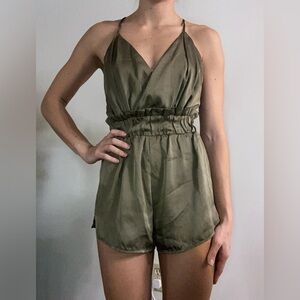 Dark green satin romper, size small
